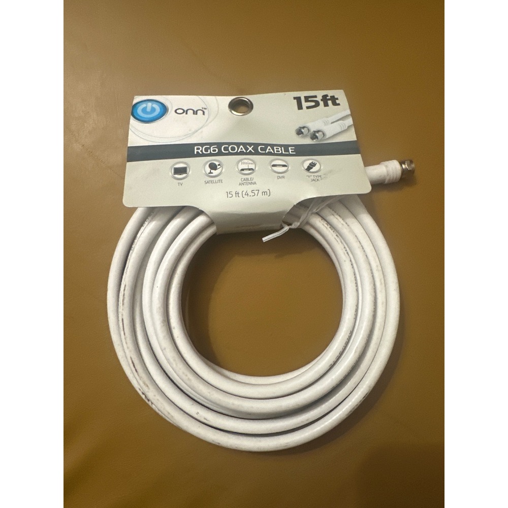 Onn RG6 Coax Cable 15ft‎ White F-Type Jack for TV Satellite DVR Antenna